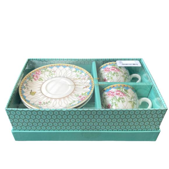 Grace Teaware Fine Porcelain Floral Espresso Cups & Saucers Gift Box Set New - Picture 3 of 10